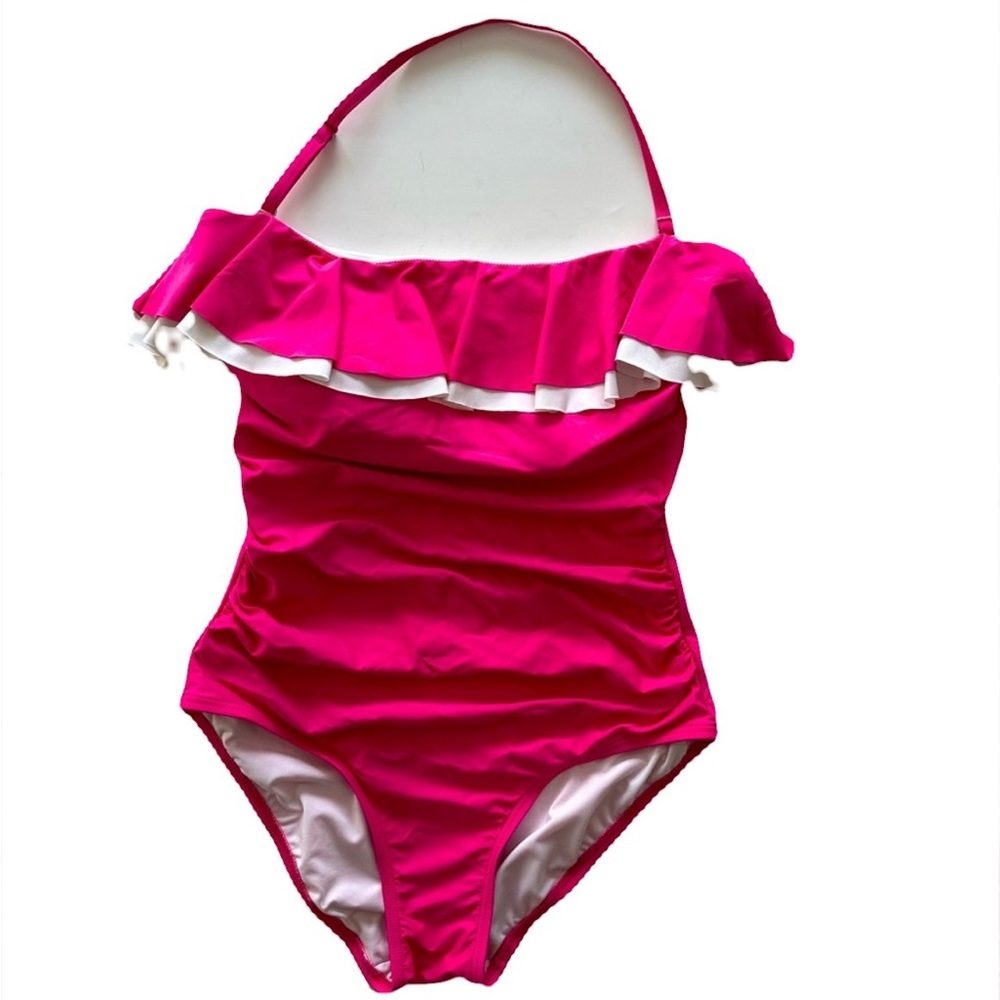 Tommy Hilfiger Women's Pink and White Ruffle Top One Piece Swimsuit Size 10